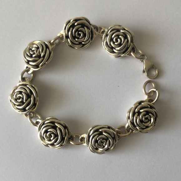 Antiqued Rose Flower Sterling Silver 925 Electroform Floral Link Bracelet - Picture 2 of 15